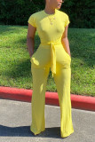 Желтые модные комбинезоны с короткими рукавами и круглым вырезом