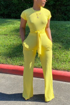 Yellow Fashion bandage Short Sleeve O Neck Jumpsuits