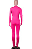 ピンクのファッションカジュアルソリッドジッパーミルク。 長袖Oネックジャンプスーツ