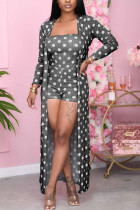 Black Polyester Fashion Sexy adult Ma'am Dot Two Piece Suits Straight Long Sleeve Two Pieces