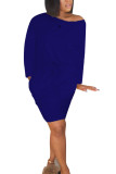 Blaue Art und Weise beiläufiger erwachsener gnädige Frau Kappen-Hülsen-lange Hülsen O Ansatz gerade knielange gestreifte Kleider