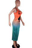 オレンジファッションセクシーなスパゲッティストラップノースリーブスリップステップスカート足首までの長さのオンブルドレス