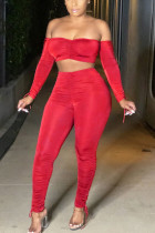 Latte rosso di seta moda sexy adulto signora solido due pezzi abiti matita manica lunga due pezzi