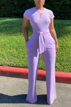 purple Fashion bandage Short Sleeve O Neck Jumpsuits