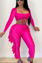 Pink Sexy Print Solid Polyester Long Sleeve O Neck Jumpsuits