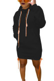 Negro moda adulto señora calle gorra manga larga con capucha falda falda vestidos sólidos
