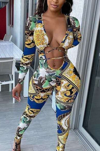 multicolor Fashion Sexy Print Milk. Long Sleeve V Neck Jumpsuits