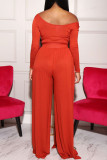 Orange Mode vuxen fru Lättlagad Patchwork Solida tvådelade kostymer Rak långärmad tvådelad