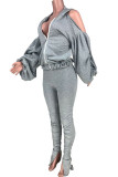 Серый Модный взрослый Ma'am Street, однотонный, с открытой спиной, из двух предметов, костюм-карандаш, с длинным рукавом, из двух предметов