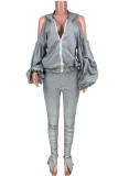 Серый Модный взрослый Ma'am Street, однотонный, с открытой спиной, из двух предметов, костюм-карандаш, с длинным рукавом, из двух предметов