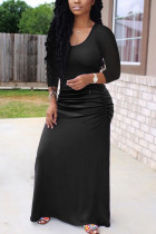 Zwarte mode volwassen mevrouw zoete kapmouw 3/4 mouwen vierkante branie vloerlengte effen gedrapeerde jurken