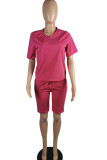 rose red venetian Casual Two Piece Suits Solid pencil Short Sleeve Two-Piece Short Set
