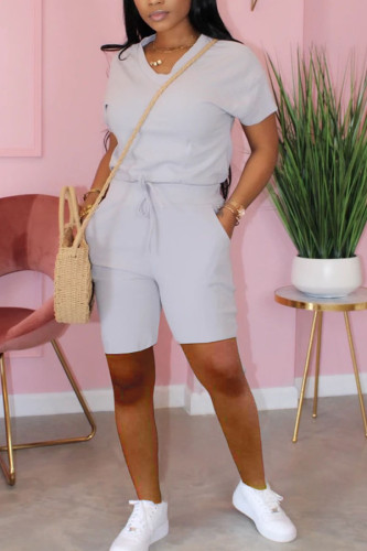 Grey venetian Casual Two Piece Suits Solid pencil Short Sleeve  Two-Piece Short Set
