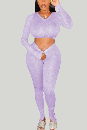 purple Casual Europe and America Solid pencil Long Sleeve Two Pieces