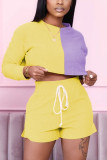 Gelbe Milchseide Mode Erwachsene Ma'am Street Patchwork Solide Kontrastfarbe Zweiteiler Gerade Langarm Zweiteiler