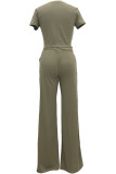 Conjunto de pantalones de dos piezas rectos lisos con top corto ajustado de moda informal verde militar