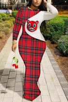 Rote modische Ma'am OL-Kleider für Erwachsene mit Flügelärmeln, langen Ärmeln, O-Ausschnitt und bodenlangem Print