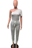Grey Fashion Casual adult Ma'am Patchwork Solid asymmetrical Two Piece Suits Straight Short Sleeve Two Pieces