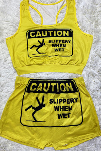 Yellow Sexy Europe and America Letter Print Solid Straight Sleeveless Two Pieces Tank Crop Tops And Shorts Set Tracksuit