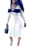 White Fashion Sexy adult Ma'am Cap Sleeve Long Sleeves half high collar Step Skirt Mid-Calf Solid chain Dresses