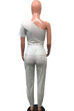 Cinza moda casual adulto senhora retalhos sólido assimétrico ternos de duas peças em linha reta manga curta duas peças
