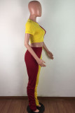 Red and yellow Blends Street Patchwork Solid Draped contrast color pencil Short Sleeve Two Pieces