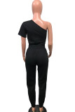 黒のファッションカジュアル大人奥様パッチワーク固体非対称ツーピーススーツストレート半袖ツーピース