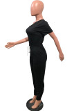 Black Fashion Casual adult Ma'am Patchwork Solid asymmetrical Two Piece Suits Straight Short Sleeve Two Pieces