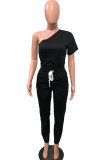 Black Fashion Casual adult Ma'am Patchwork Solid asymmetrical Two Piece Suits Straight Short Sleeve Two Pieces