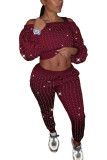 Wine Red Spandex Fashion adult England Ma'am Solid diamonds Two Piece Suits pencil Long Sleeve Two Pieces
