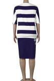 Blu navy moda casual adulto signora stampa a righe due pezzi abiti dritti mezza manica due pezzi