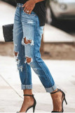 Blue Broken Raw Hem For Women Holes Distressed Denim Jeans