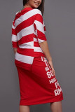 Red Fashion Casual adult Ma'am Striped Print Two Piece Suits Straight Half Sleeve Two Pieces
