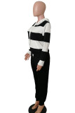 Dark Gray OL Striped Patchwork Print pencil Long Sleeve Two Pieces