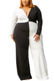 黒と白のファッション大人Ma'amストリートOネックパッチワークコントラストカラーステッチプラスサイズ