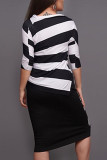 Navy Blue Fashion Casual adult Ma'am Striped Print Two Piece Suits Straight Half Sleeve Two Pieces