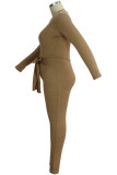 Хаки, модные однотонные костюмы из двух предметов для взрослых Ma'am OL с круглым вырезом, большие размеры