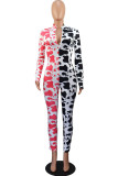 rose red Fashion street Print Long Sleeve O Neck Jumpsuits
