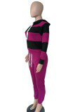 Wine Red OL Striped Patchwork Print pencil Long Sleeve Two Pieces