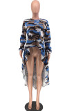 Red Sweet Long Sleeves O neck Swagger Knee-Length Print Patchwork Leopard camouflage asymmetrical Dresses
