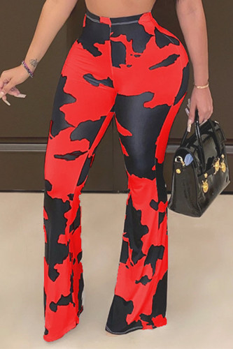 Red Elastic Fly Mid Print Boot Cut Pants Bottoms