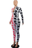 rose red Fashion street Print Long Sleeve O Neck Jumpsuits