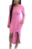 Moda rosa para adultos, Inglaterra, señora, manga casquillo, manga larga, cuello redondo, falda escalonada, hasta el tobillo, vestidos sólidos