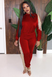 Red Casual Fashion adult HOLLOWED OUT tassel Solid Two Piece Suits pencil Long Sleeve