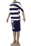 Navy Blue Fashion Casual adult Ma'am Striped Print Two Piece Suits Straight Half Sleeve Two Pieces