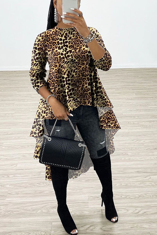 Leopardmönstrade söta långa ärmar O-hals Swagger Knälångt tryck Patchwork Leopardkamouflage asymmetriska klänningar