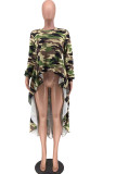 Grüne süße lange Ärmel O-Ausschnitt Swagger Knielanger Druck Patchwork Leopard Camouflage asymmetrische Kleider