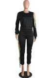 Black Casual Fashion adult HOLLOWED OUT tassel Solid Two Piece Suits pencil Long Sleeve