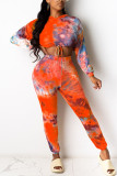 Orange Fashion Casual adult Ma'am Tie Dye Two Piece Suits pencil Long Sleeve Two Pieces