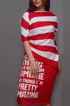 Trajes de dos piezas con estampado de rayas para mujer, traje informal de moda roja, media manga recta, dos piezas